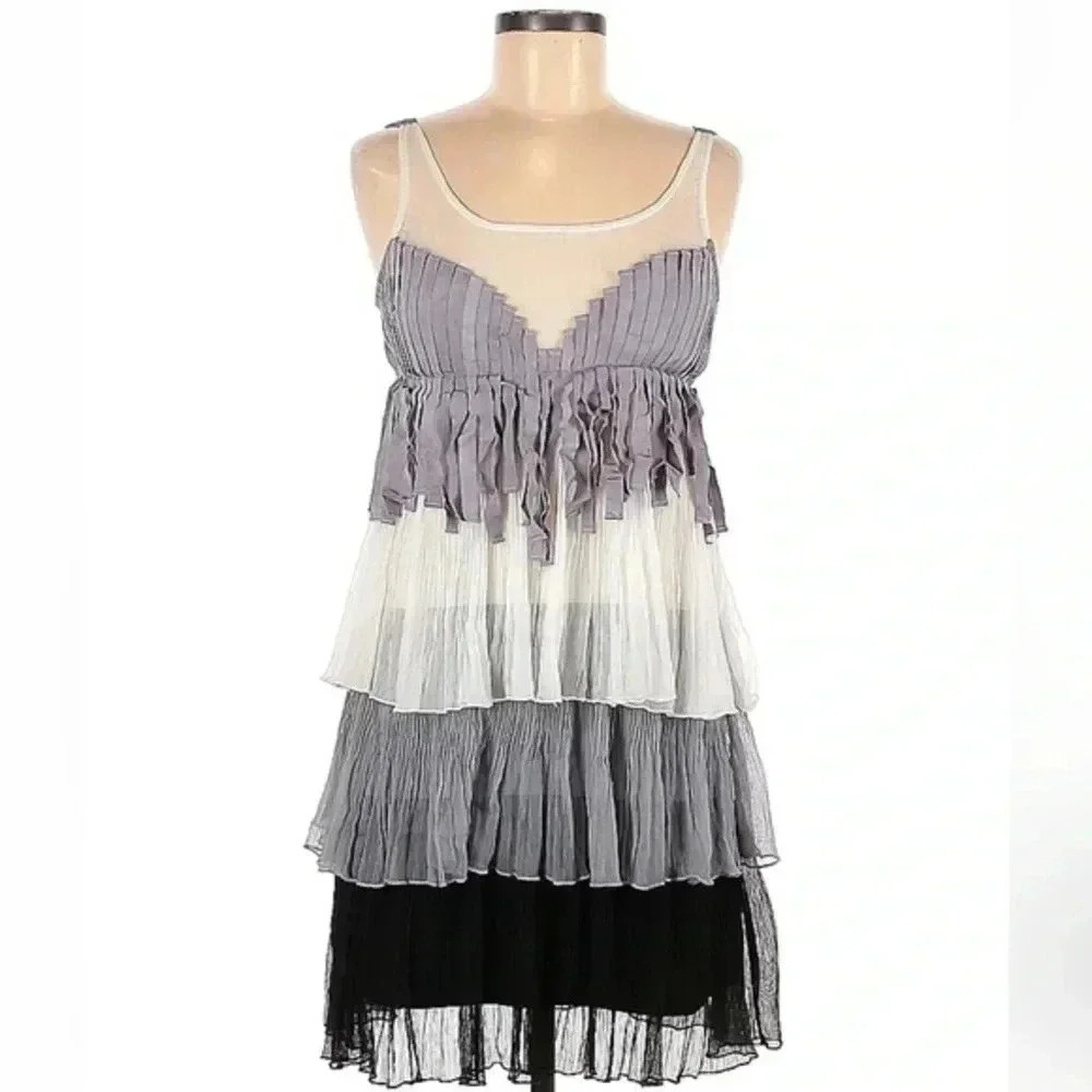 Garcia | Grey Black Neutrals Tiered Ruffle Cocktail Formal Dress Size S Small